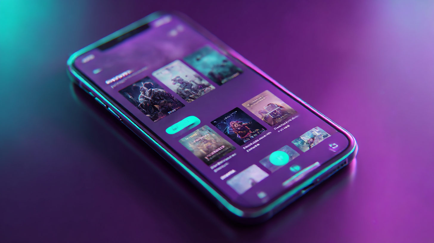 Stylized mockup of a gamer dating profile showing gaming library details and personality-forward bio, warm purple-mauve UI aesthetic, teal accent elements, clean modern composition