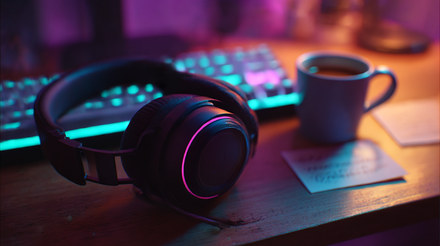 Close-up of a headset resting on a desk next to a glowing keyboard, warm teal light, personal and intimate framing, depth of field, purple-mauve tones