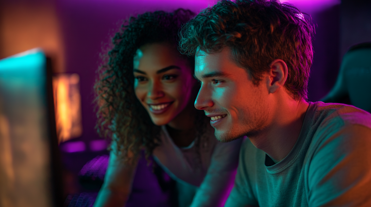 Two adults at adjacent gaming setups, one pointing at screen to explain strategy to the other, warm collaborative energy, teal screen glow, purple-mauve ambient lighting, genuine moment