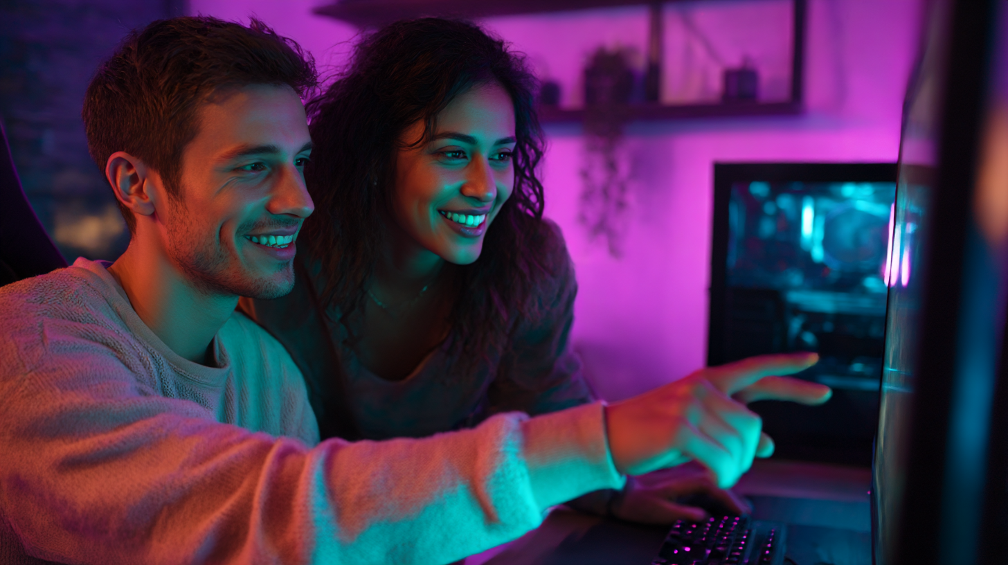 Two adults at a shared gaming setup, one helping the other with a controller, warm intimate moment, cinematic lighting, teal accent glow