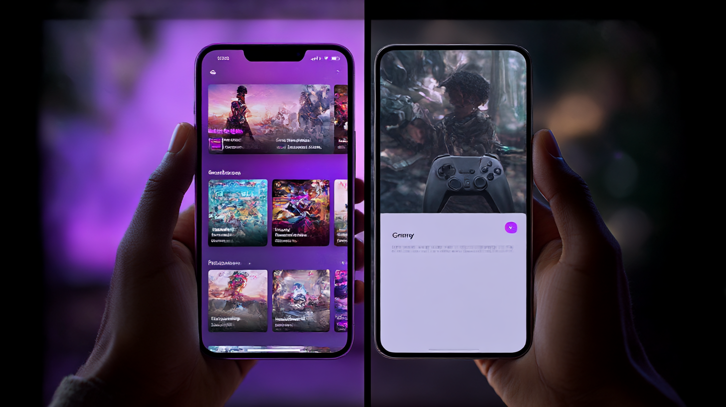 Split composition showing left side a rich, specific gaming-identity profile on a purple-mauve background versus right side a minimal hobby-checkbox mention in a generic grey interface