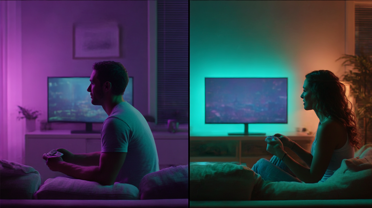 Two-panel contrast showing gaming together (warm, cooperative) versus gaming asymmetry (one person gaming, partner looking away)