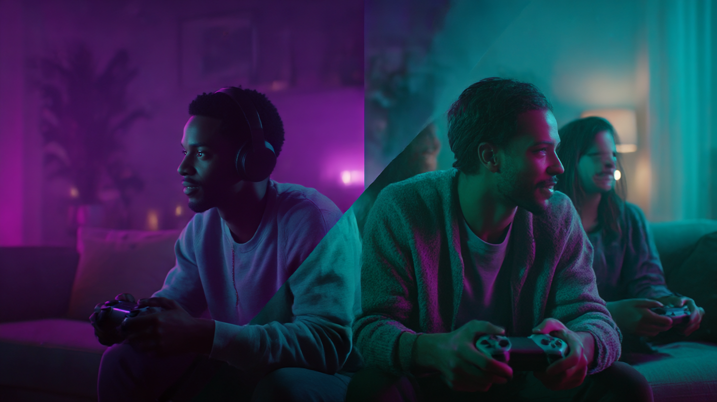 Single adult gaming alone in a dark room vs two adults gaming together in warm light, split composition, visual contrast between isolation and connection