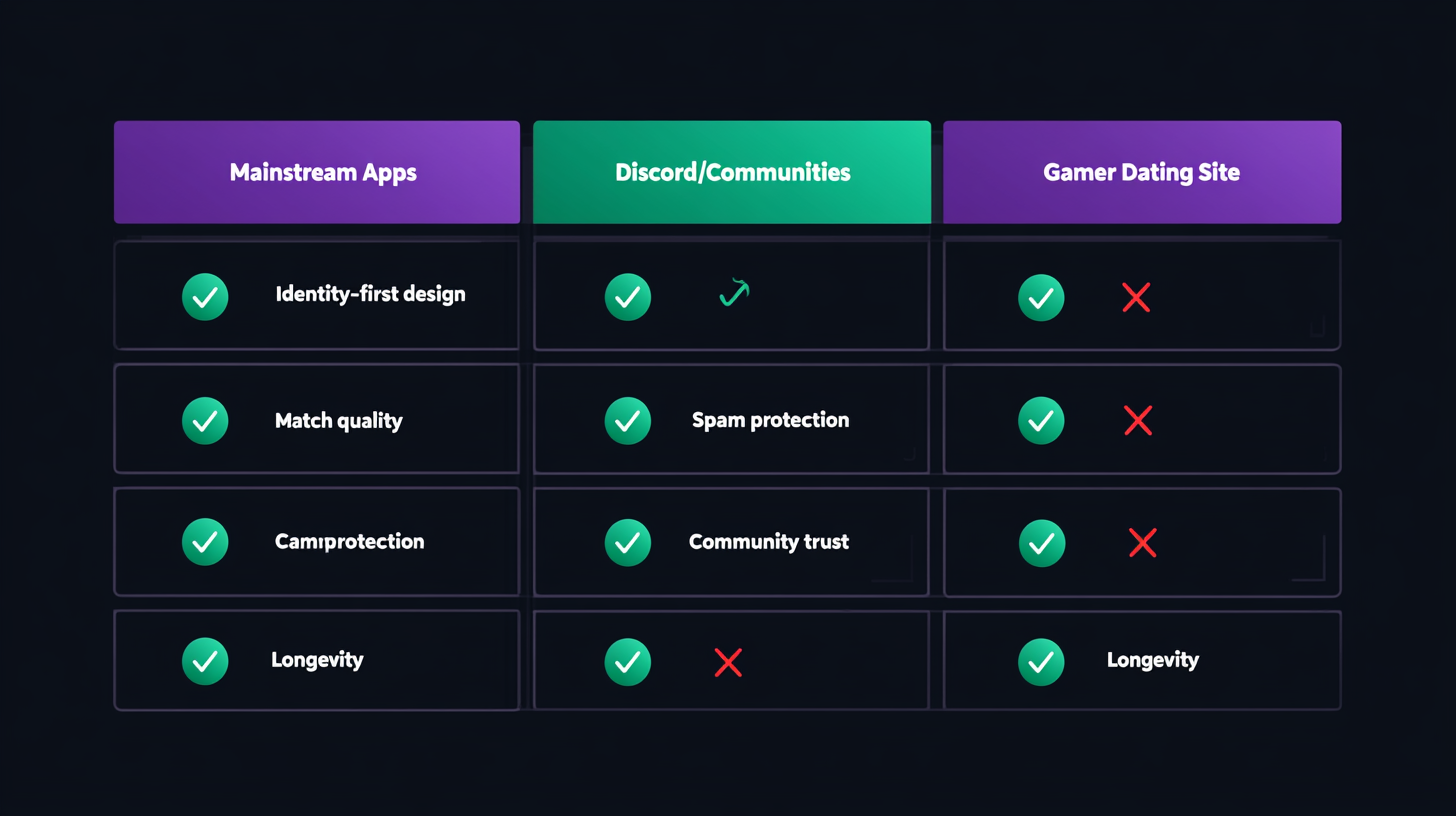 Three-column comparison table: Mainstream Apps vs. Discord vs. Gamer Dating Site across rows: identity-first design, match quality, spam protection, community trust, longevity