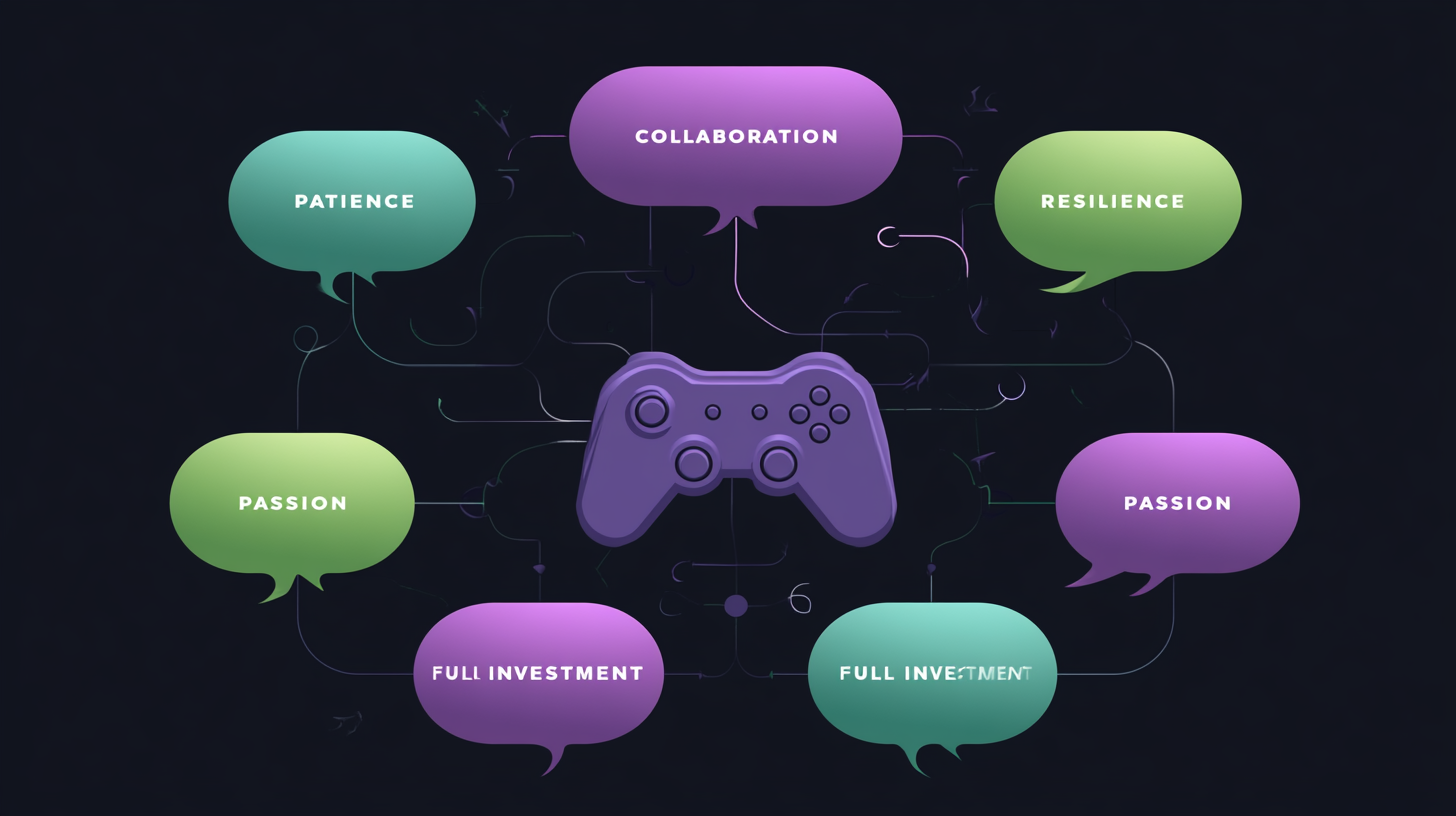 Visual showing game controller icon with speech bubbles revealing character traits: patience, collaboration, passion, resilience