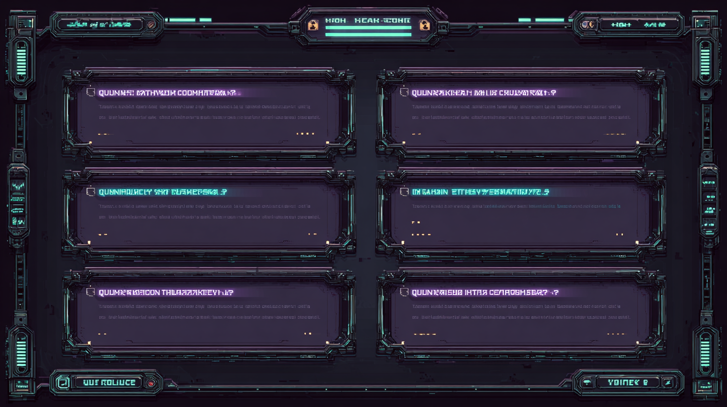 Game UI inventory screen style with FAQ Q&A pairs as item slots