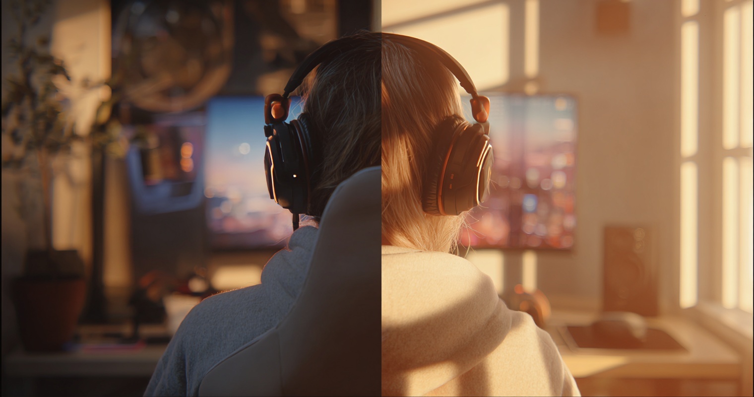 Two gaming setups in separate rooms sharing the same warm atmosphere, with matching headsets facing each other