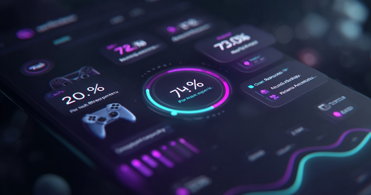 Data visualization with key statistics overlaid on a purple-green gamer aesthetic background