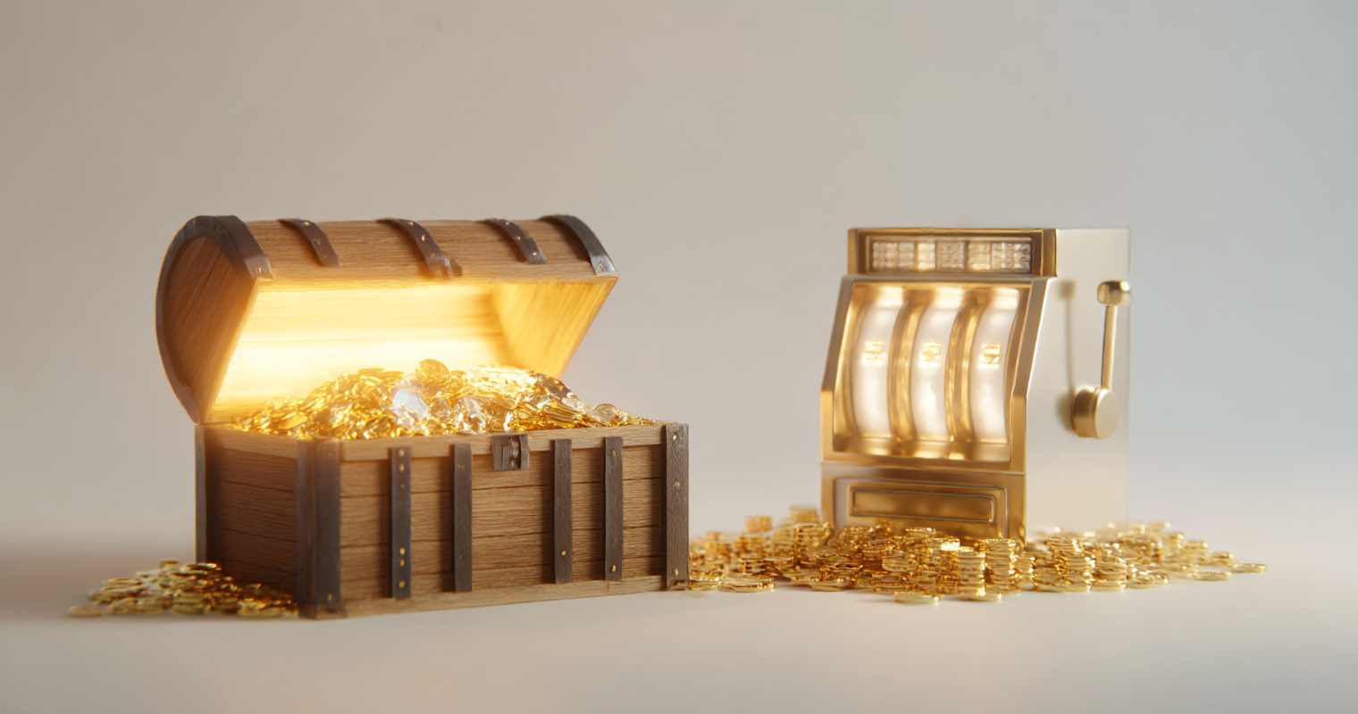 A glowing treasure chest full of gold beside a coin-draining slot machine — paid dating apps: worth it or wallet trap
