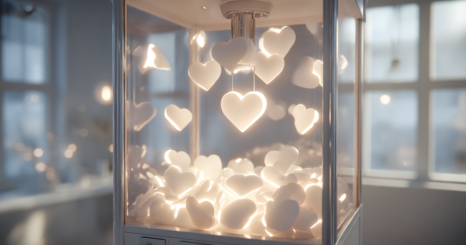 A transparent arcade claw machine filled with glowing paper hearts, the claw lifting one radiant heart