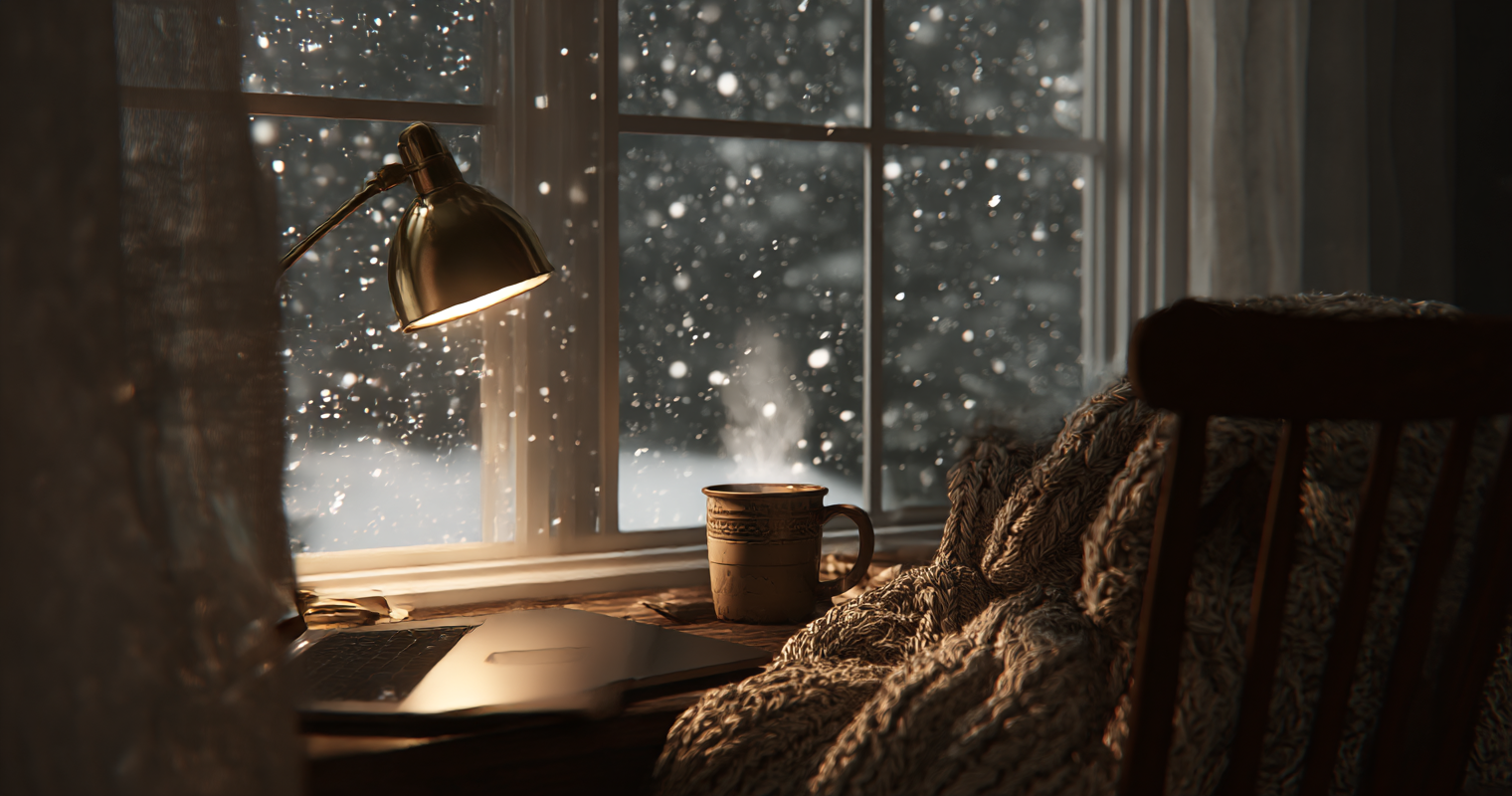 One warm lit room at night seen from inside, with a brass desk lamp, a steaming mug and a knit blanket, heavy snow falling past the window