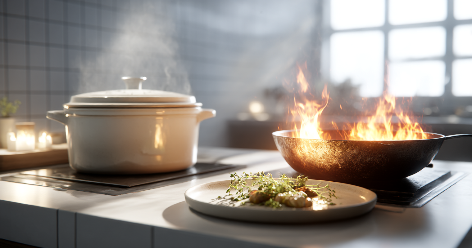 A steaming slow cooker beside a flaming flambe pan with a perfectly plated dish between them