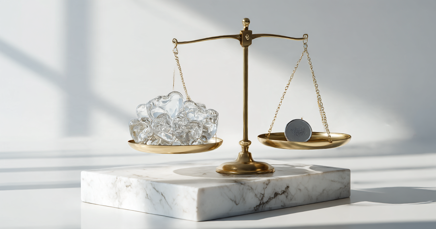 A balance scale with a pan of clear glass hearts outweighing a single grey token, illustrating how dating app burnout statistics stack up.