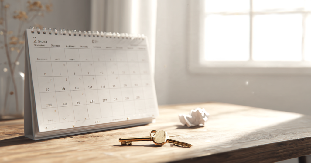 A desk calendar beside a crumpled torn-off page and a single brass key in soft window light, illustrating that the calendar was never what unlocked recovery after a breakup.