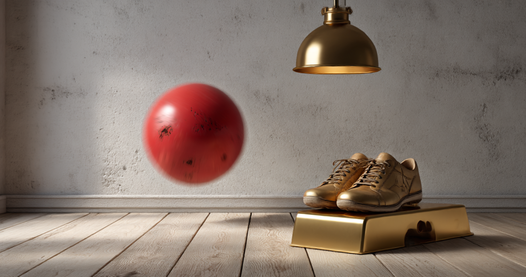 A red ball blurred mid-bounce off a wall beside a pair of sneakers set on a gold starting block under a brass pendant lamp, illustrating rebound versus ready.