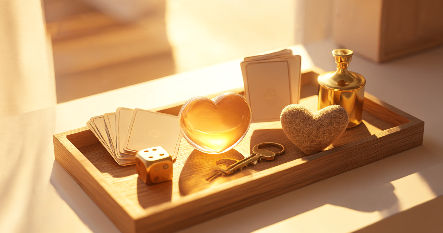 A golden-hour wooden tray holding a glowing glass heart, a fan of small cards, a brass key, a die and a plush heart, summarizing a week of posts about dating app burnout.