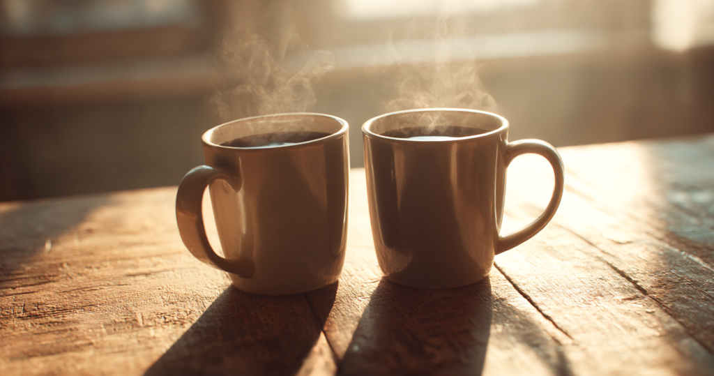 Two matching ceramic coffee mugs on a wooden table in warm morning light with steam rising.