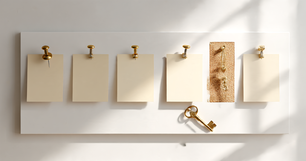A cork quest board with a row of blank cards pinned in a line and a small brass key hanging beside them.