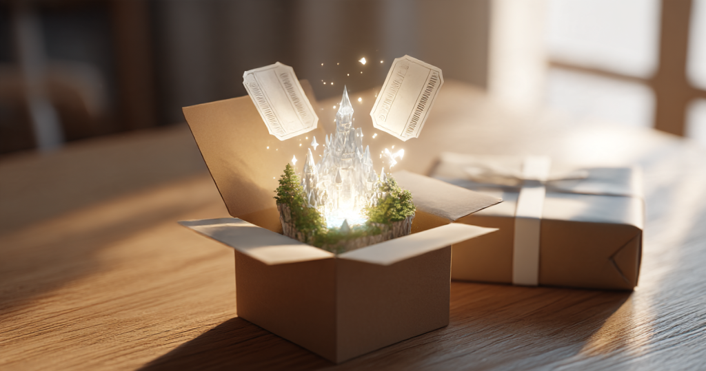Open gift box with a tiny glowing fantasy landscape and tickets rising out, beside a plain wrapped box