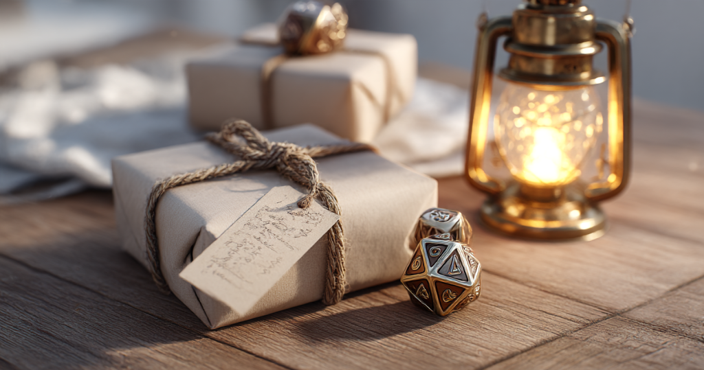 Hand-wrapped gift with a handwritten tag beside tabletop dice and a glowing brass lantern
