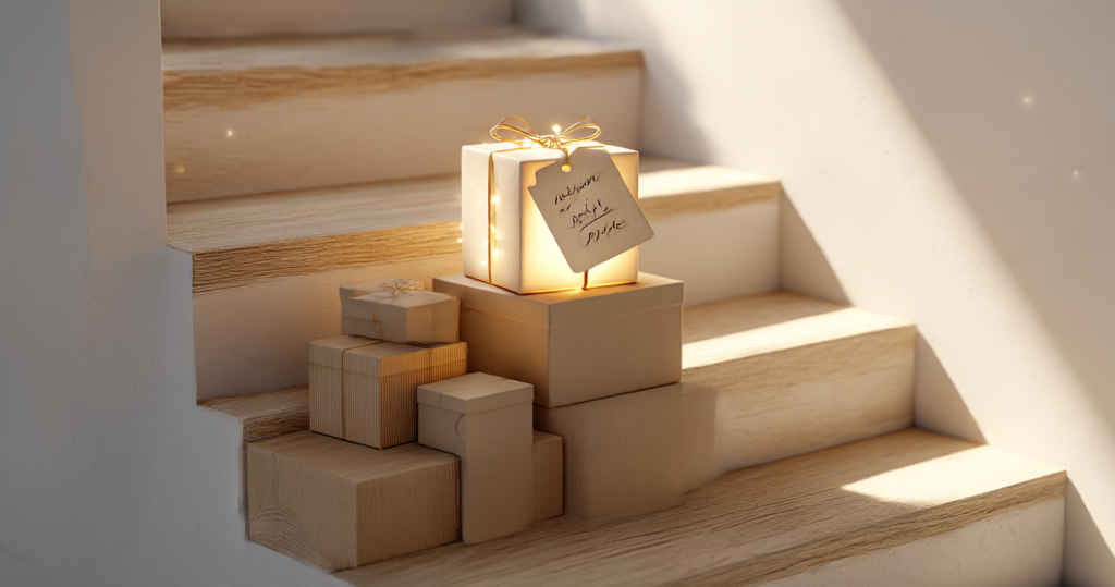 Five steps made of stacked gift boxes leading up to a small glowing wrapped gift with a tag