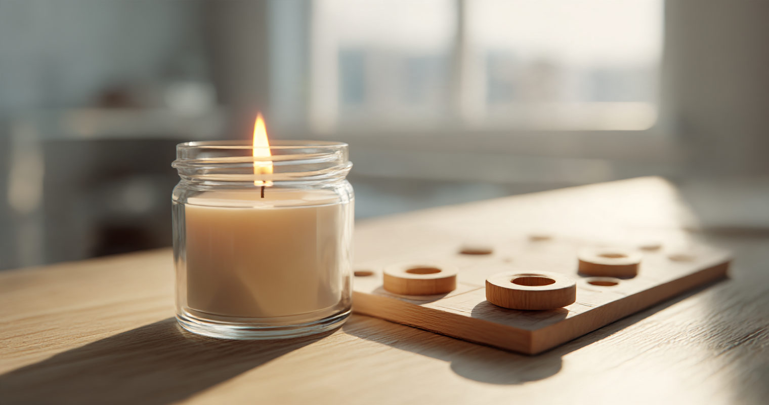 A lit candle in a glass jar beside wooden tokens and a game board on a table by a bright window.