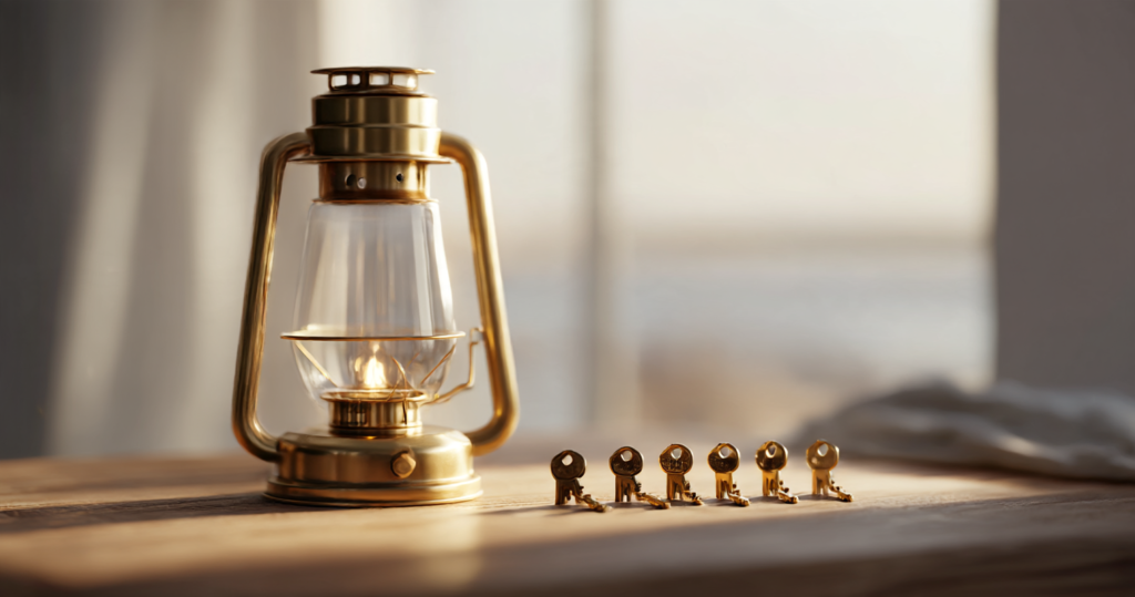 A glowing brass lantern on a wooden table beside a row of small brass keys.